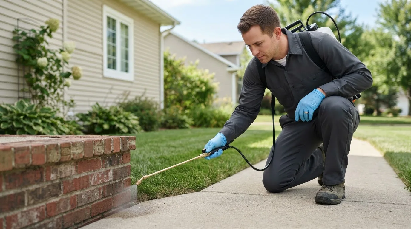 Pest control technician treating a home near Brandon, VT